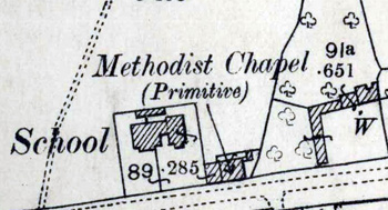 The Primitive Chapel in 1901 also showing the School and Mere Cottage to the east